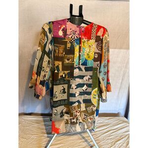 Johnny Was Silk-like Rayon Patchwork Tunic Dress Boho Mixed Print 3/4 Sleeve M